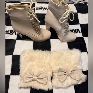 Cream Lace-Up Heeled Boots with Faux Fur Cuffs